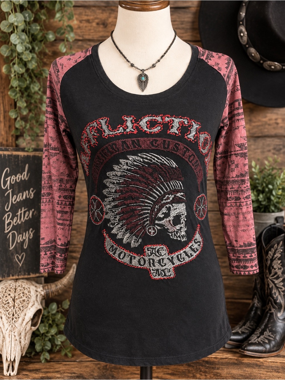 Affliction American Customs Embroidered Skull Raglan Long Sleeve Y2K